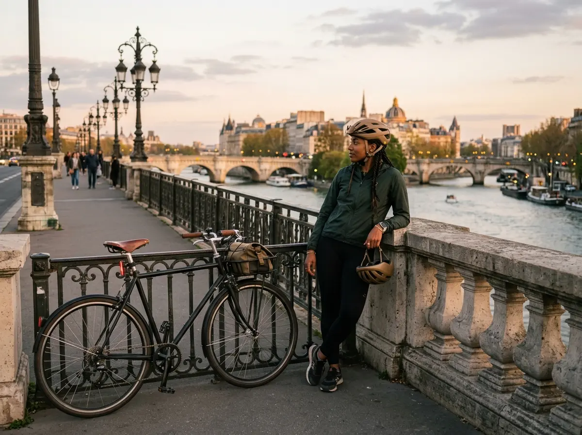 Ciclista fermo con la bici lungo il parapetto di un fiume al tramonto