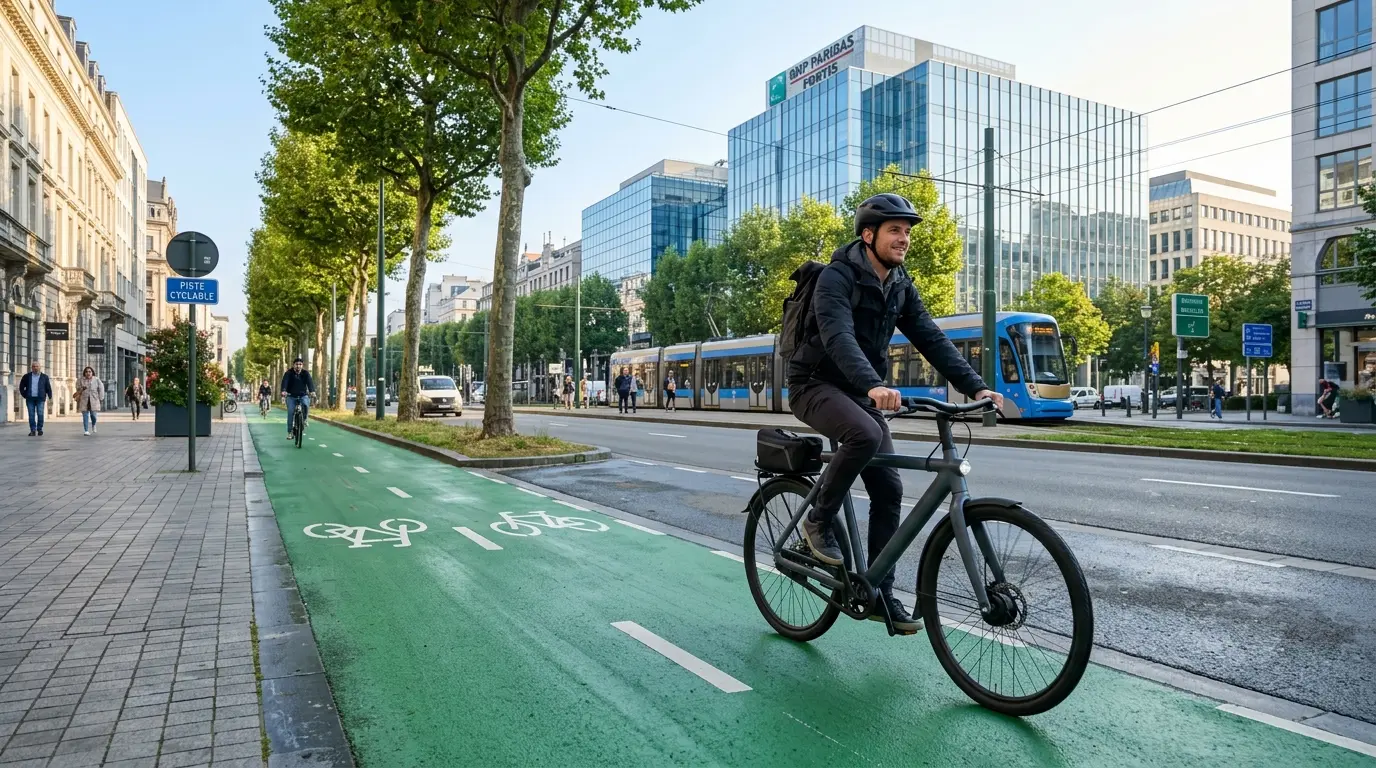 Ciclista su una pista ciclabile verde lungo un viale alberato