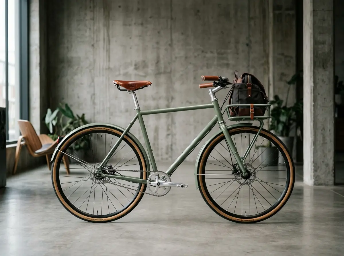 Bici da città verde salvia con sella in pelle in un loft